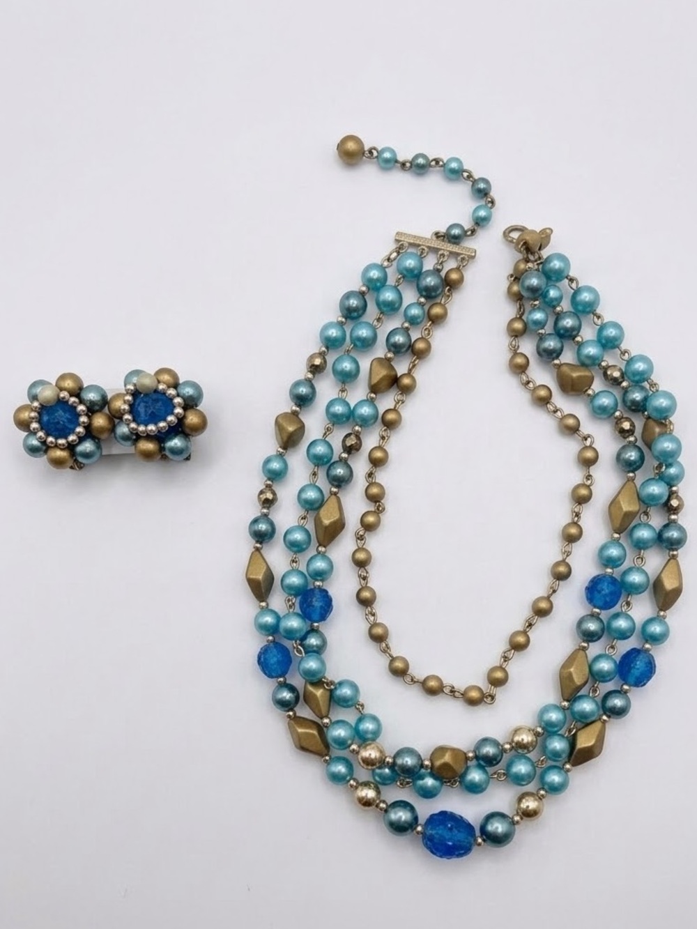 Vintage Turquoise and Gold Multi-Strand Beaded Necklace with Matching Earrings